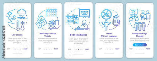 Reservation onboarding mobile app page screen with concepts. Low peak season. Group tour. Money saving travel walkthrough five steps graphic instructions. UI vector template, RGB color illustrations