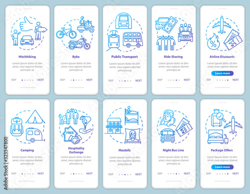 Night rest and transport onboarding mobile app page screen with concepts. Car sharing. Inexpensive travel walkthrough steps graphic instructions. UI vector template with RGB color illustrations