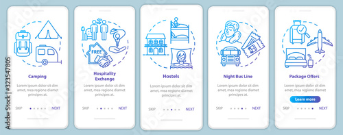 Overnight stay onboarding mobile app page screen with concepts. Camping. Cheap accommodations. Budget travel walkthrough five steps graphic instructions. UI vector template, RGB color illustrations