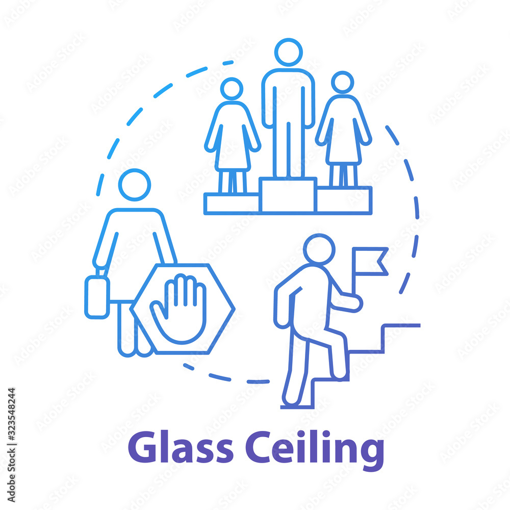 Glass ceiling blue concept icon. Unequal opportunities. Promotion barrier. Corporate culture. Gender equality idea thin line illustration. Vector isolated outline RGB color drawing Glass ceiling blue concept icon. Unequal opportunities. Promotion barrier. Corporate culture. Gender equality idea thin line illustration. Vector isolated outline RGB color drawing
