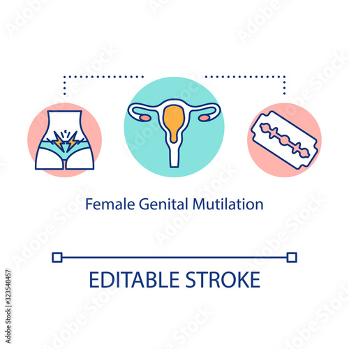 Female genital mutilation concept icon. Human rights violation, female circumcision, sexual harassment idea thin line illustration. Vector isolated outline RGB color drawing. Editable stroke