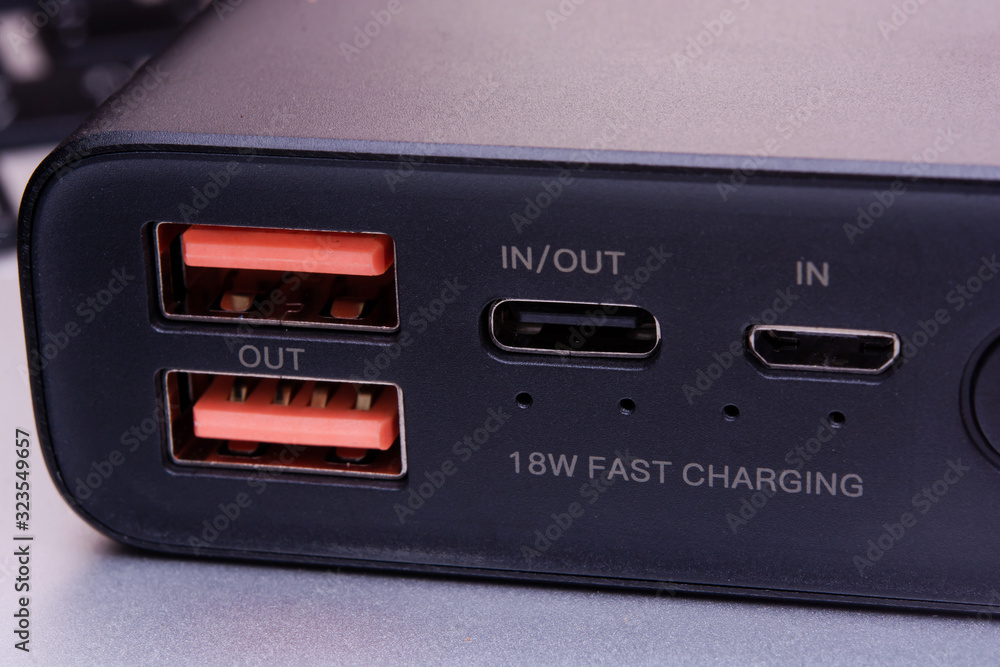USB, USB TypeC and MicroUSB port on power bank Stock Photo Adobe Stock