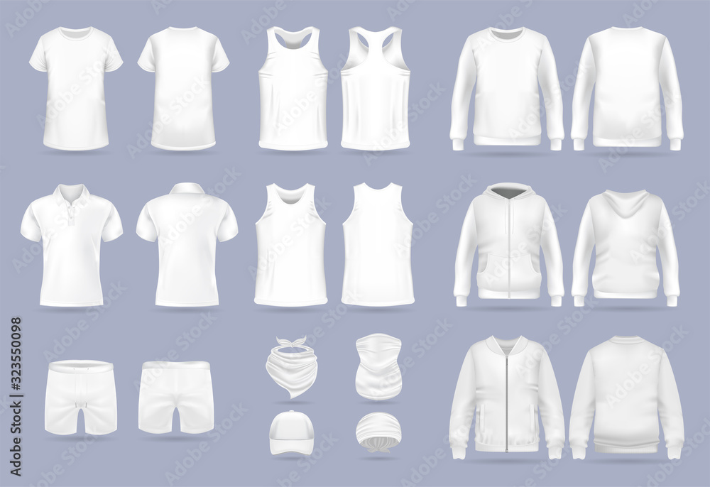 Blank white collection of men s clothing templates. T shirt