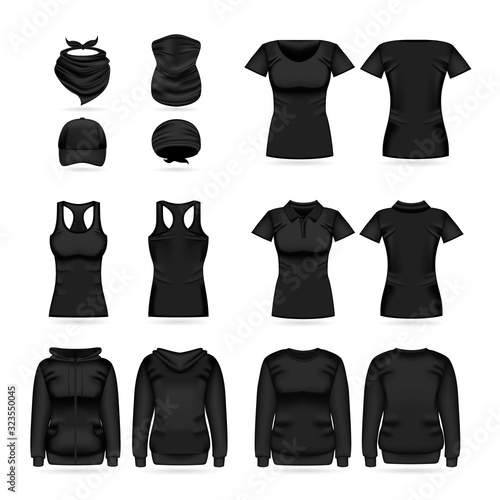 Blank black collection of women's clothing templates. T-shirt, hoodie, sweatshirt, short sleeve polo shirt, head bandanas and cap, tank top, neck scarf and buff. Realistic vector mock up