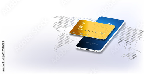 Isometric map of the world with the global financial system. Money transfer all over the world. Online money transfer concept. Businessman transfers money through a mobile app anywhere in the world.
