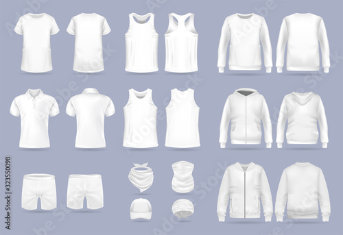 Blank white collection of men's clothing templates. T-shirt, hoodie, sweatshirt, short sleeve polo shirt, jacket bomber, head bandanas and cap, tank top, neck scarf and buff. Realistic vector mock up