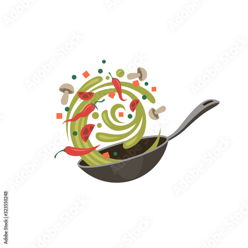 cooking process on pan in olive oil isolated on white background