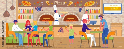 Fast Food Pizzeria Interior with Clients and Cook.