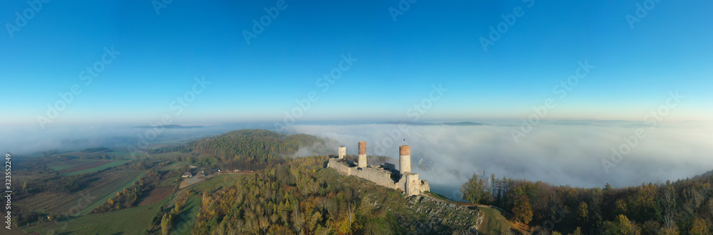 Checiny Castle near kielce,panorama Aerial drone. Poland.