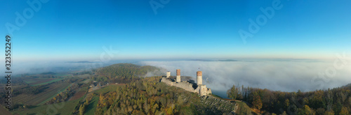 Checiny Castle near kielce,panorama Aerial drone. Poland.