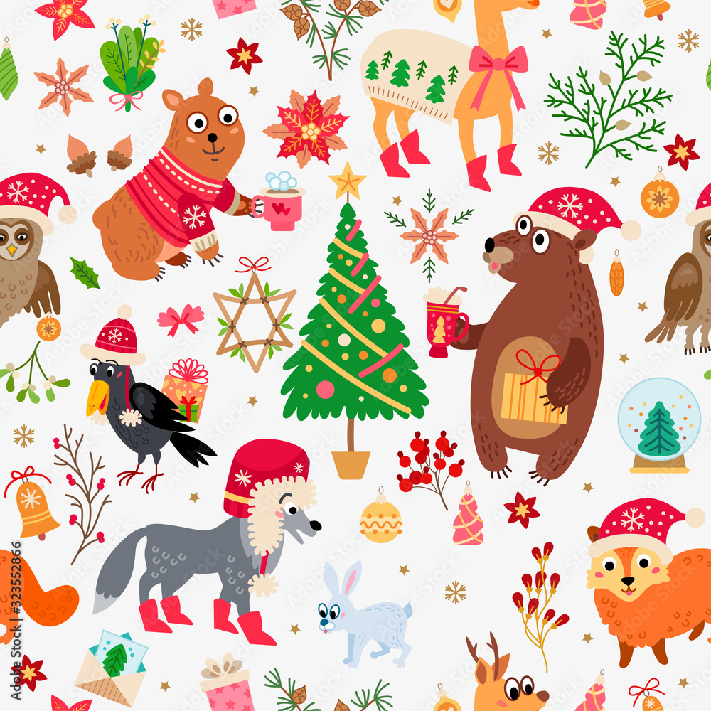 Naklejka premium A Christmas forest animals pattern. Winter vector