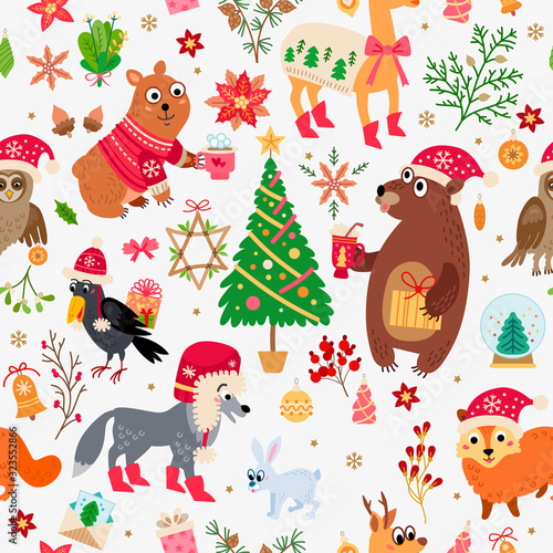 A Christmas forest animals pattern. Winter vector