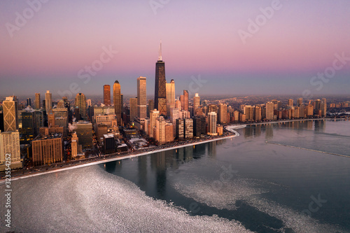 Chicago aerial winter cityscape frozen lake