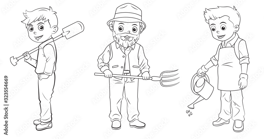 Collection of cartoon farmer used for coloring book
