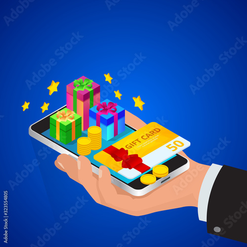 Weekend Sale and Discount Offers. Online shopping. Seasonal Sale with Discount Coupons. Isometric Smart phone online shopping concept. Online store, shopping cart icon.