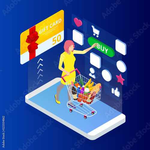 Weekend Sale and Discount Offers. Online shopping. Seasonal Sale with Discount Coupons. Isometric Smart phone online shopping concept. Online store, shopping cart icon.