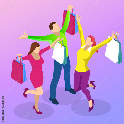 Weekend Sale and Discount Offers. Online shopping. Seasonal Sale with Discount Coupons. Isometric Smart phone online shopping concept. Online store, shopping cart icon.