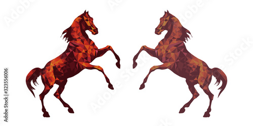  two red horses standing on their hind legs, isolated image on a white background in the low poly style