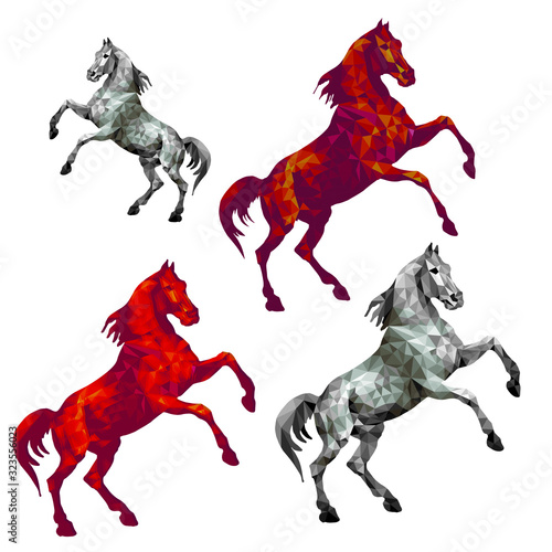  silver and red horses standing on their hind legs, isolated image on a white background in the low poly style