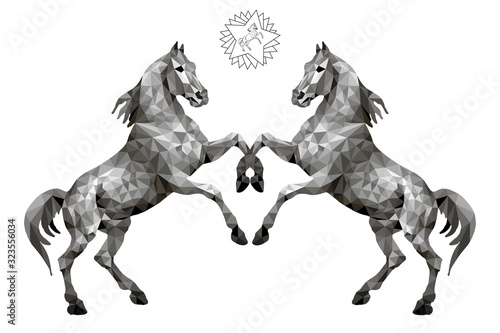  two silver horses standing on their hind legs  isolated image on a white background in the low poly style