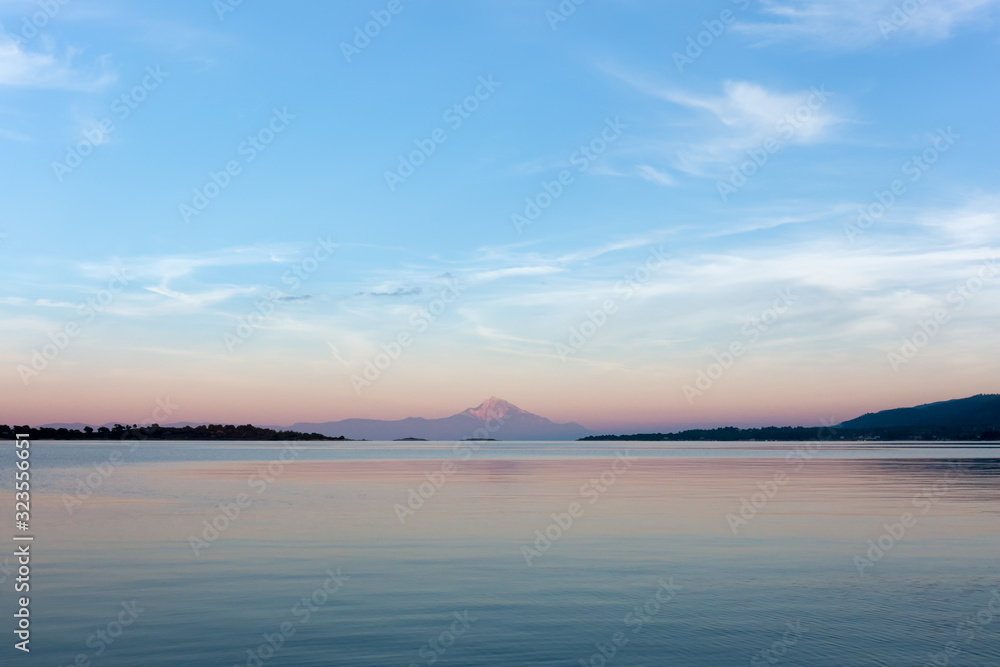Athos mountain as seen from Sithonia, Greece, in the dusk
