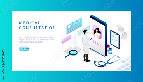 Isometric Concept Of Online Medical Consultation. Website Landing Page. Woman At Doctors Appointment. Concept Of Online Reservation For Doctor s Appointment. Web Page Cartoon Vector Illustration
