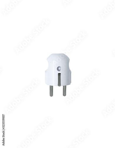 Single white electric plug without cable isolated on white background. A white stecker without shadow photo