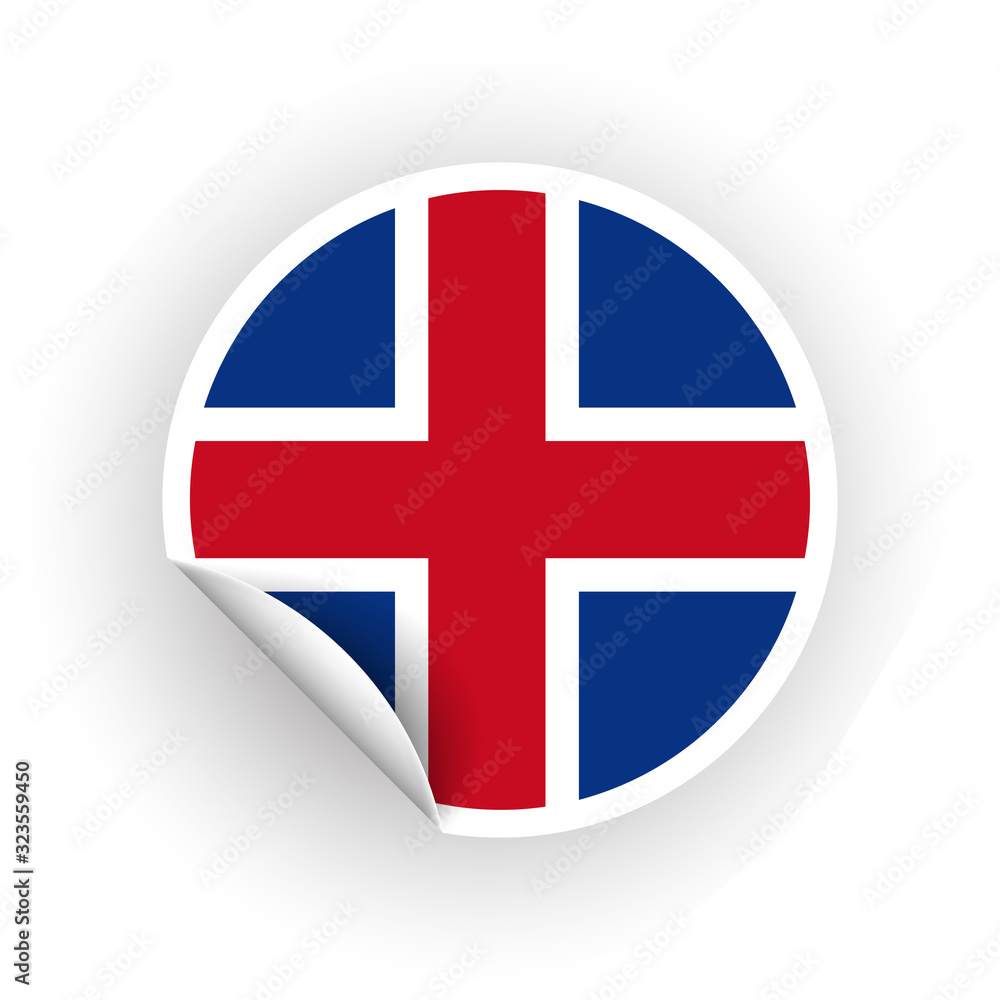Sticker of Iceland flag with peel off corner isolated on white background. Paper banner or circle curl label sticker with flip edge. Vector color post note for advertising design. Sticker of Iceland flag with peel off corner isolated on white background. Paper banner or circle curl label sticker with flip edge. Vector color post note for advertising design.