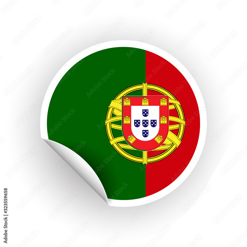 Sticker of Portugal flag with peel off corner isolated on white background. Paper banner or circle curl label sticker with flip edge. Vector color post note for advertising design.