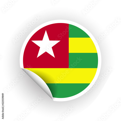 Sticker of Togo flag with peel off corner isolated on white background. Paper banner or circle curl label sticker with flip edge. Vector color post note for advertising design.