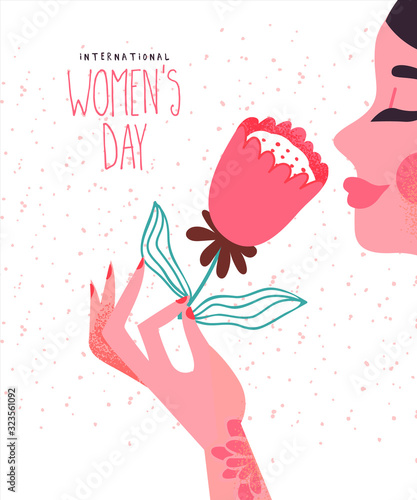 Women's day card of beautiful woman pink flower