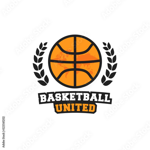 Basketball united community club logo icon symbol with world map inside basketball ball and wreath decoration