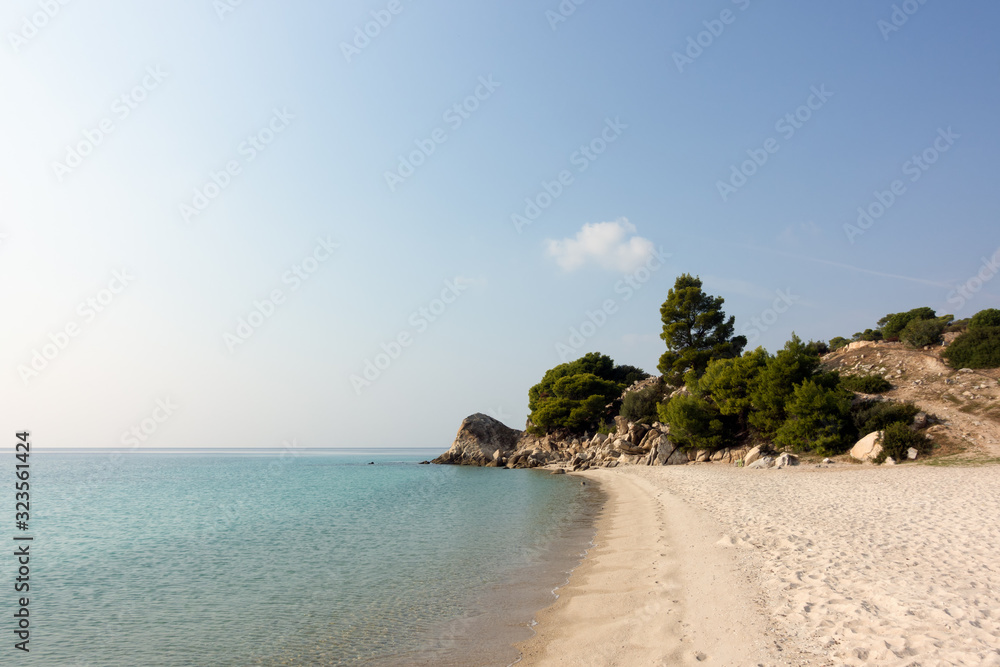 Beautiful scenery by the sea in Koviou beach, Sithonia, Chalkidiki, Greece