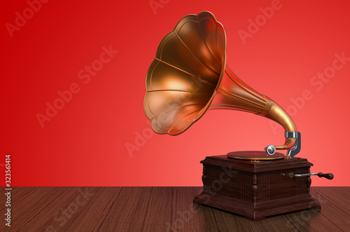 Vintage gramophone on wooden background. 3D rendering photo