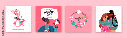 Women's day set hand drawn pink flowers and women