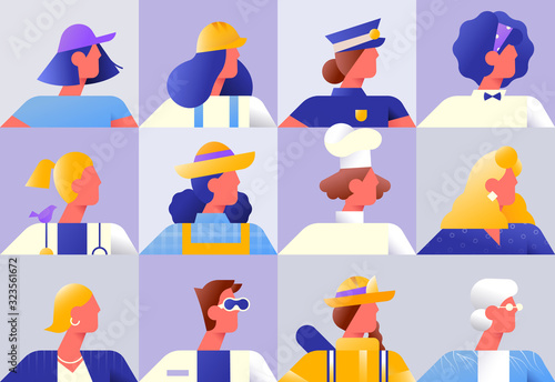 Women worker diverse character set isolated