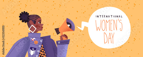 Women's day banner of girl activist with megaphone