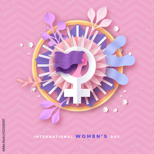 Women's day pink papercut woman decoration card