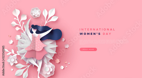Women's day pink papercut floral girl web template