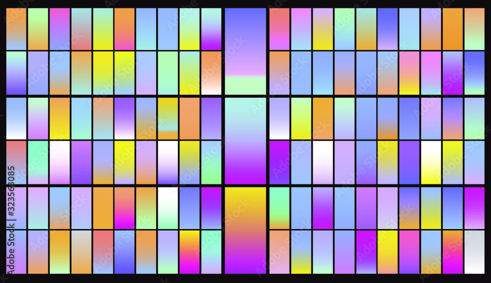 Set of duotone and holographic swatches for trendy coloring. Retrowave neon color palette. Set of duotone and holographic swatches for trendy coloring. Retrowave neon color palette.
