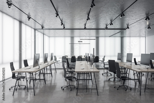 Coworking office interior with panoramic city view