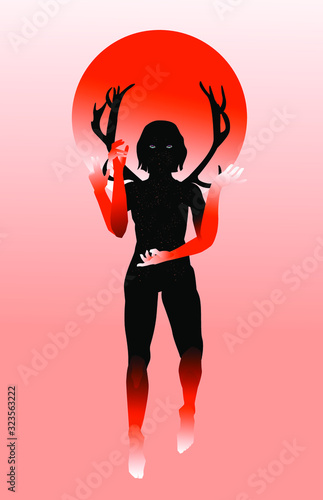 Wendigo Goddess, mythological creature with antlers and many hands. Conceptual illustration of Chthonic deity or spirit of underworld.