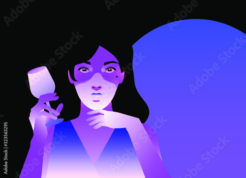 Silhouette of woman drinking wine with shadowed face in neon lightning. Concept neo noir vector ilustration of personage in mysterious suspense atmosphere.