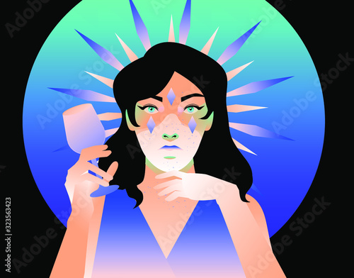 Silhouette of woman drinking wine with shadowed face in neon lightning. Concept neo noir vector ilustration of personage in mysterious suspense atmosphere.