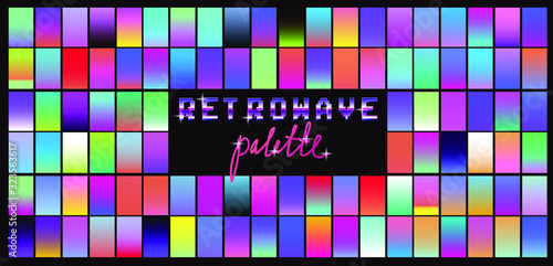 Set of duotone and holographic swatches for trendy coloring. Retrowave neon color palette.