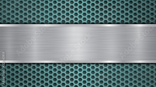 Background of golden perforated metallic surface with holes and silver horizontal polished plate with a metal texture, glares and shiny edges