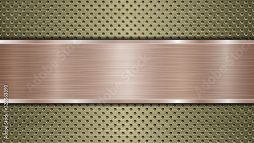 Background of golden perforated metallic surface with holes and horizontal bronze polished plate with a metal texture, glares and shiny edges