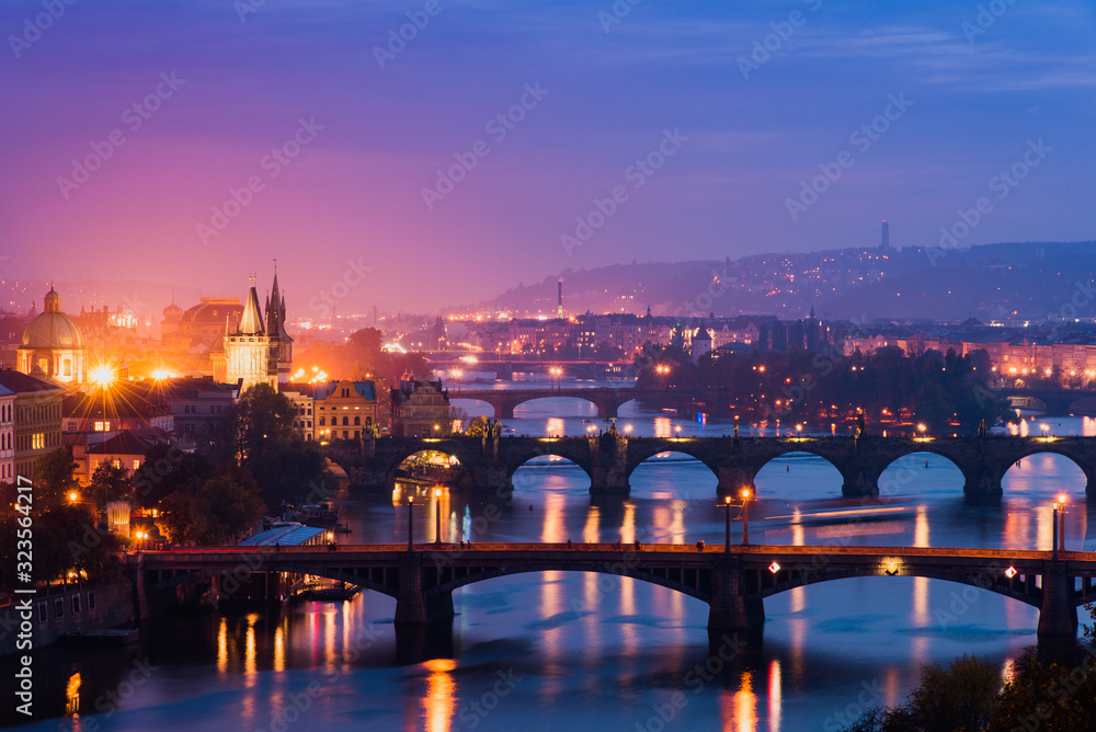 Beautiful Night View of the Bridges Crossing Vltava River in Prague, Czechia