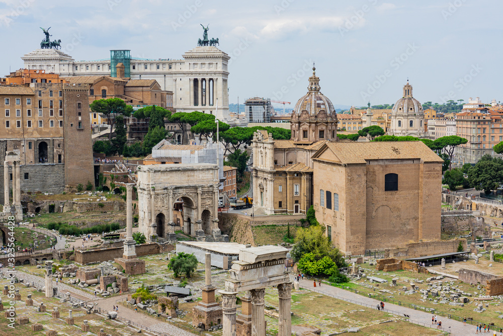 Beautiful scene at the Roman Forum in Rome Italy on a bright summer day