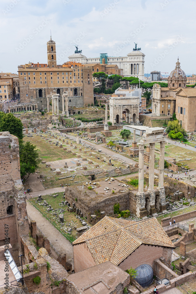 Beautiful scene at the Roman Forum in Rome Italy on a bright summer day